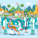 Dental clinics in Thailand showing dentists and assistants with iconic Thai architecture in the background