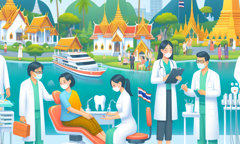 Dental clinics in Thailand showing dentists and assistants with iconic Thai architecture in the background